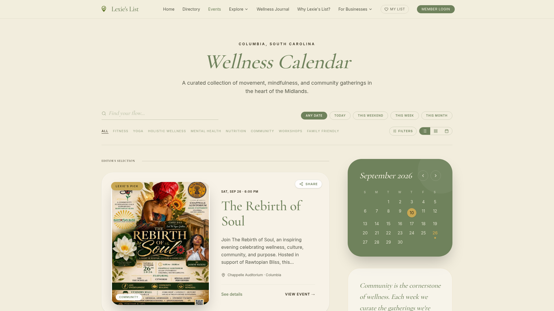 Lexie's List wellness events listings