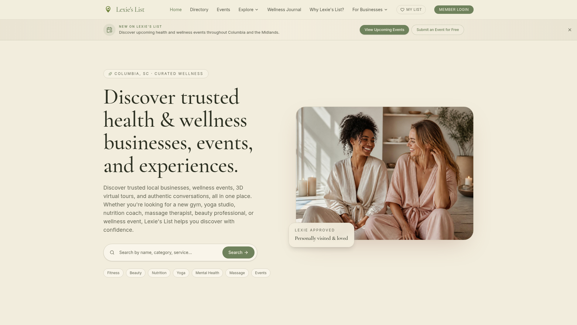 Lexie's List homepage showing the wellness business and events directory